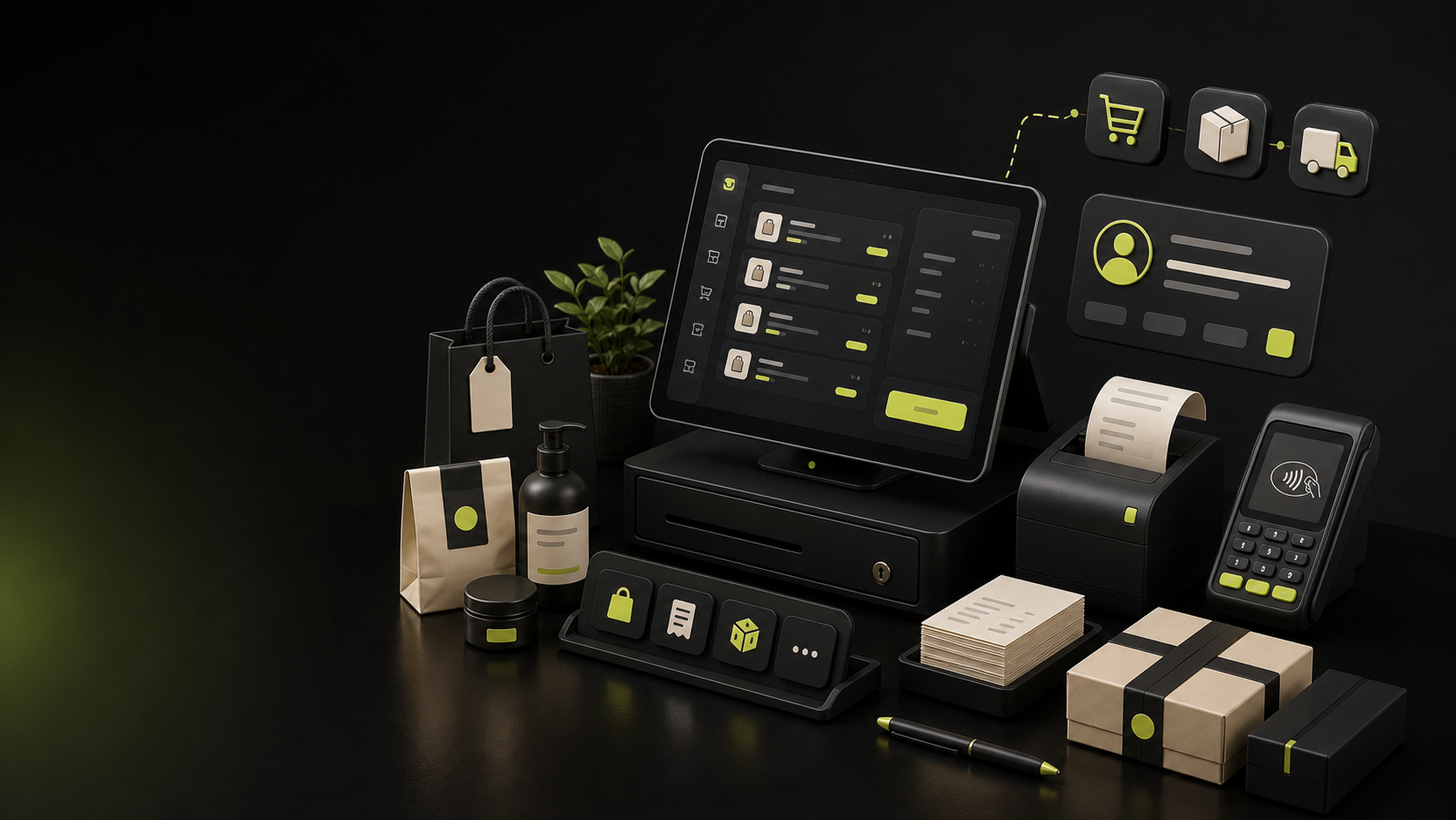 A dark 3D TopDuka point-of-sale workspace with order tools, receipts, and payment hardware