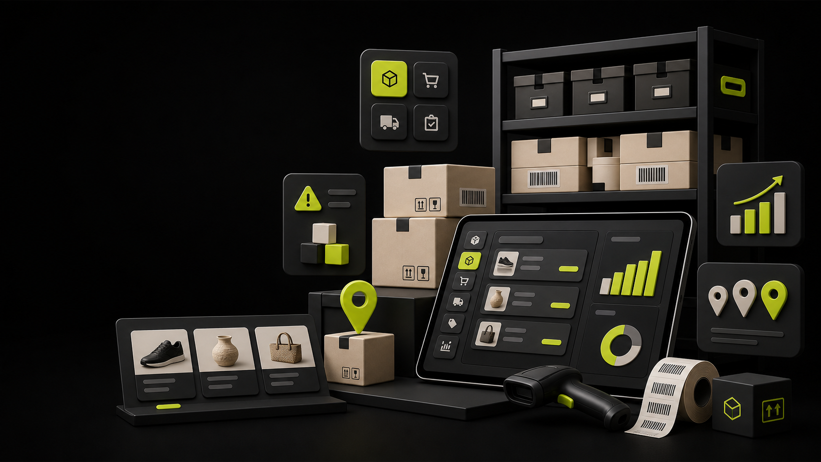 Transparent 3D inventory scene with stock boxes, barcode tag, chart, and location markers