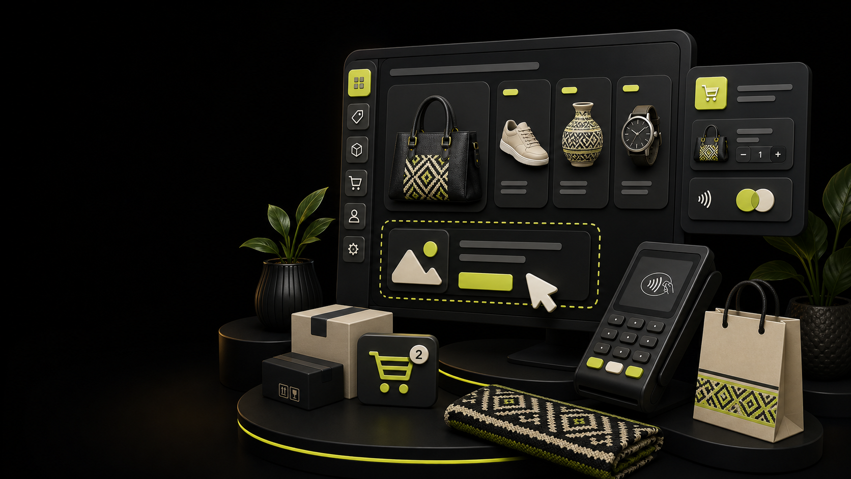 Transparent 3D interface for building an online store with product cards and layout blocks