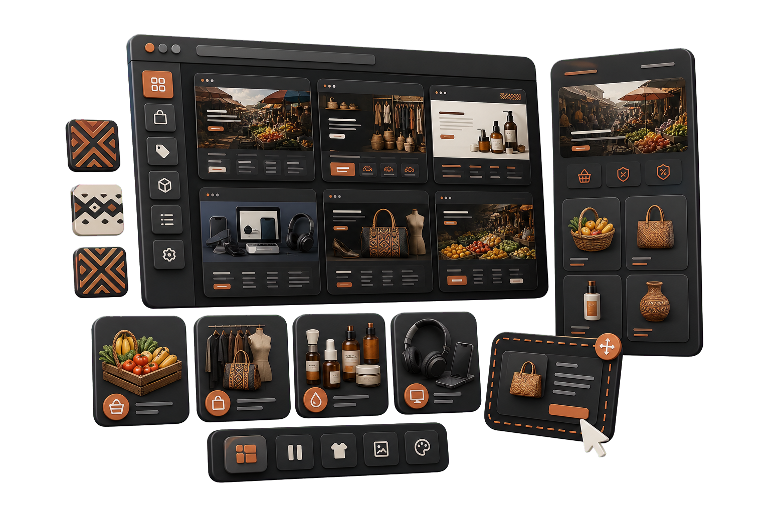 Transparent 3D theme marketplace interface with African retail theme previews and product sections